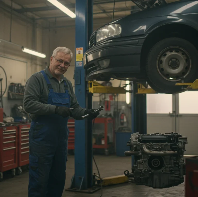 high quality image of a small busy garage with a smiling mechanic, Vehicle Servicing